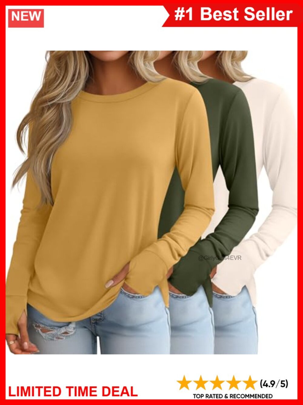 Women's Long Sleeve Cotton Crew Neck Thumb Hole Tunic Tee 3 Pack